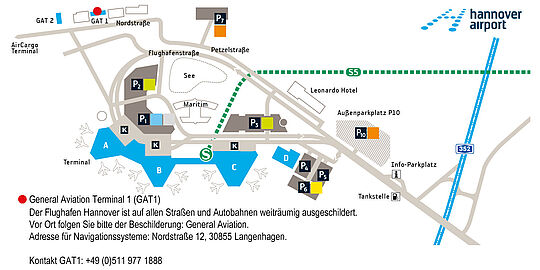 Karte zeigt den Standort des General Aviation Terminals in der Nordstraße 12, 30855 Langenhagen